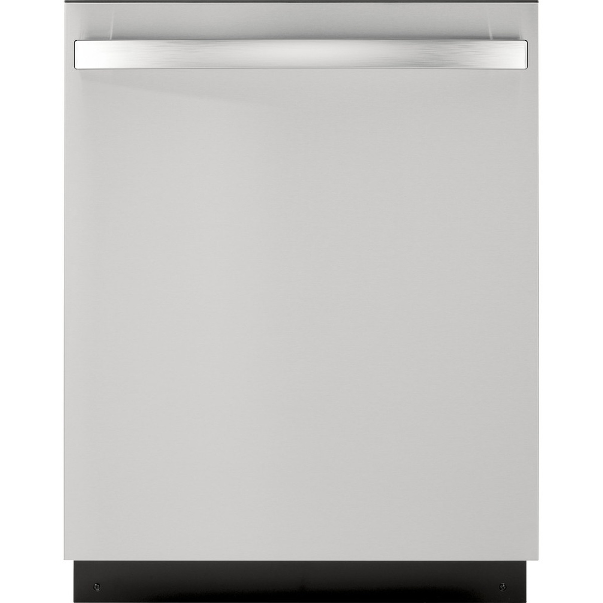 Front view of a GE built-in dishwasher with stainless steel finish and a smooth handle