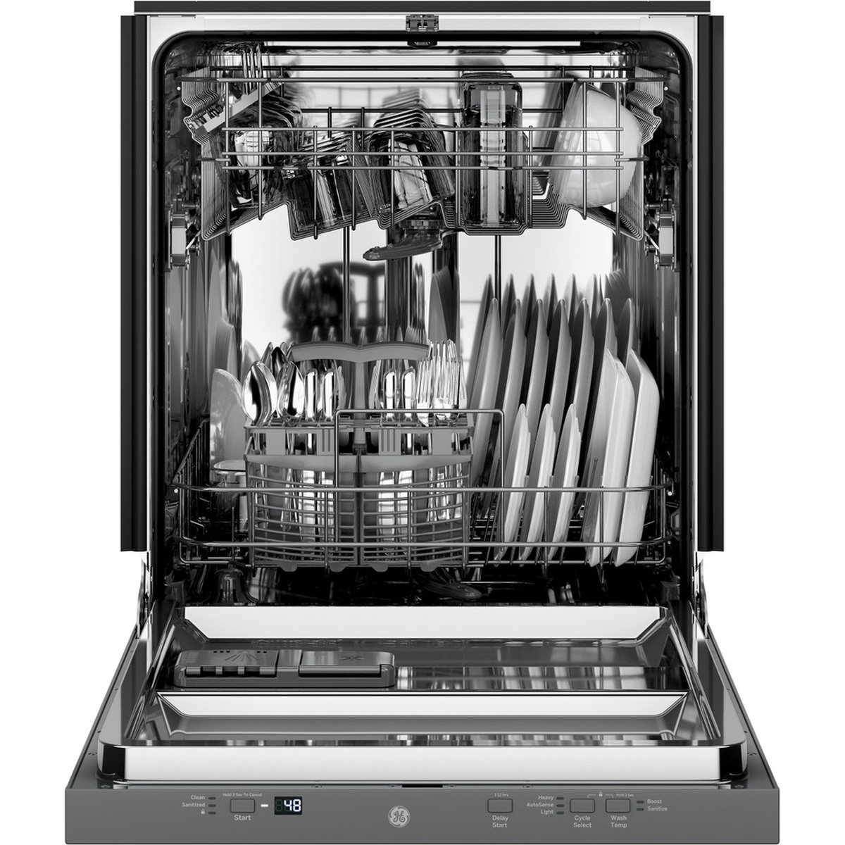 Open GE dishwasher showing stainless steel interior with two racks, utensil basket, and top control strip on the door