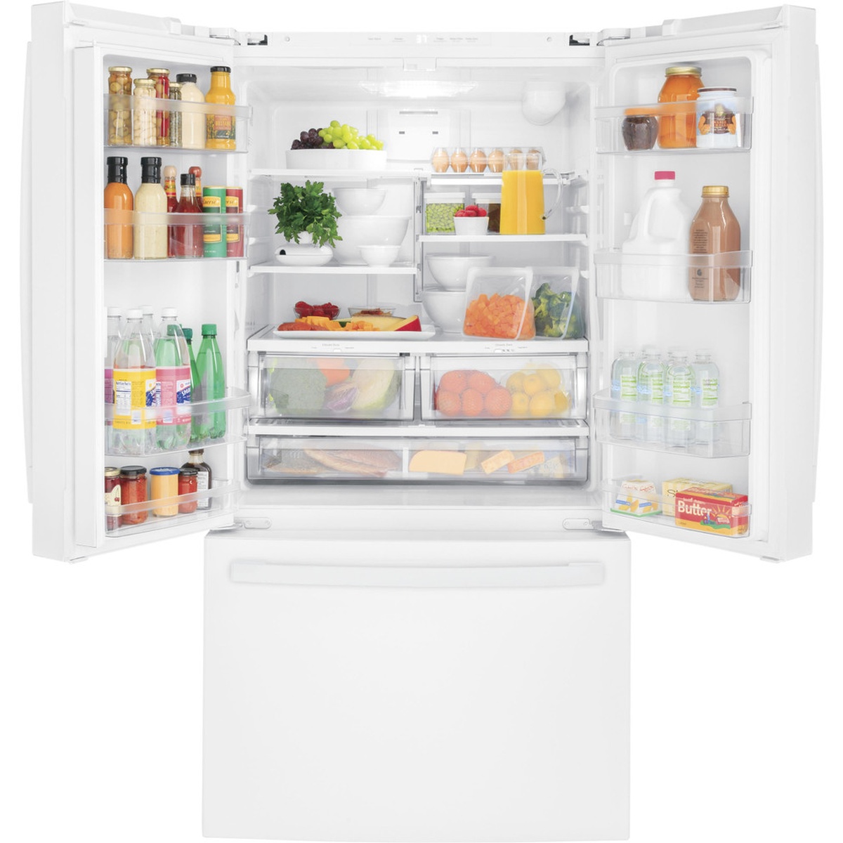 Open GE French-door refrigerator showing adjustable shelves, door bins, and multiple clear drawers with food stored inside