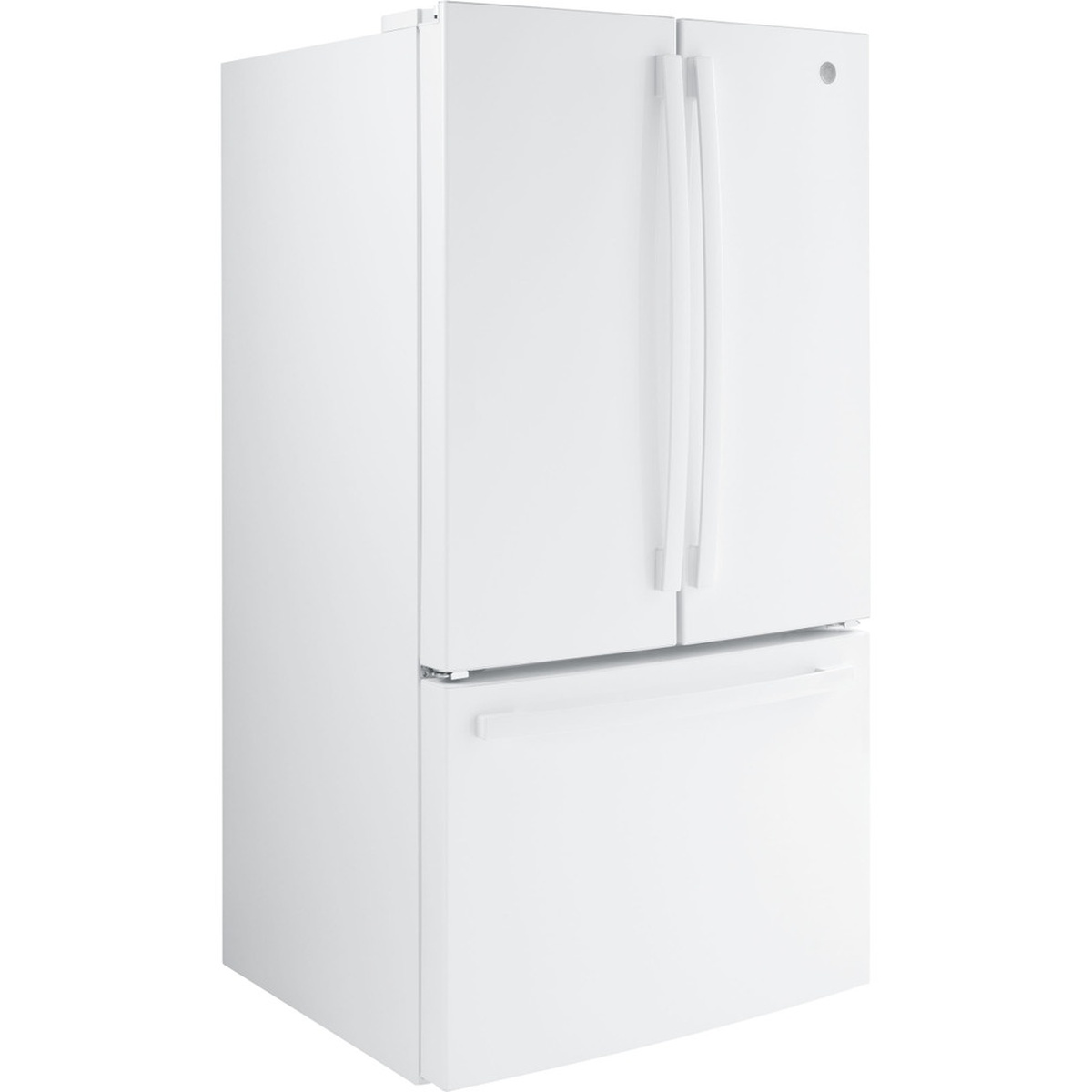 Angled front view of a white GE French-door refrigerator with a bottom freezer drawer