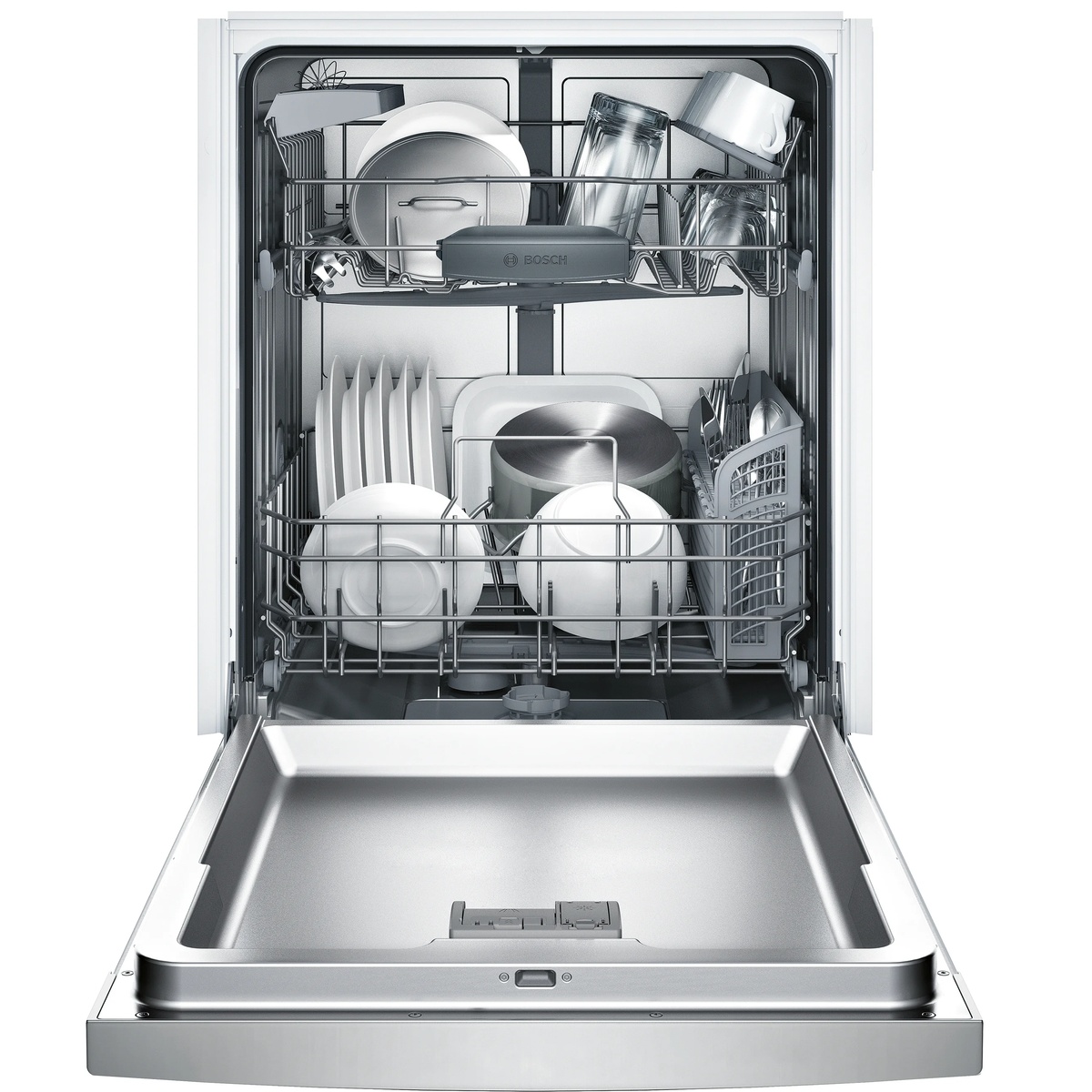 Open Bosch dishwasher showing two racks loaded with dishes, a center spray arm, and an in-rack cutlery basket