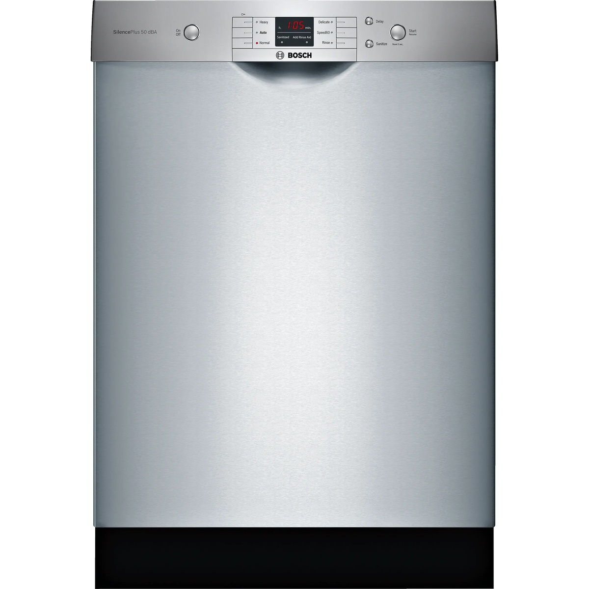 Front view of the Bosch dishwasher with visible top control panel showing SilencePlus 50 dBA, cycle buttons, and a digital time display
