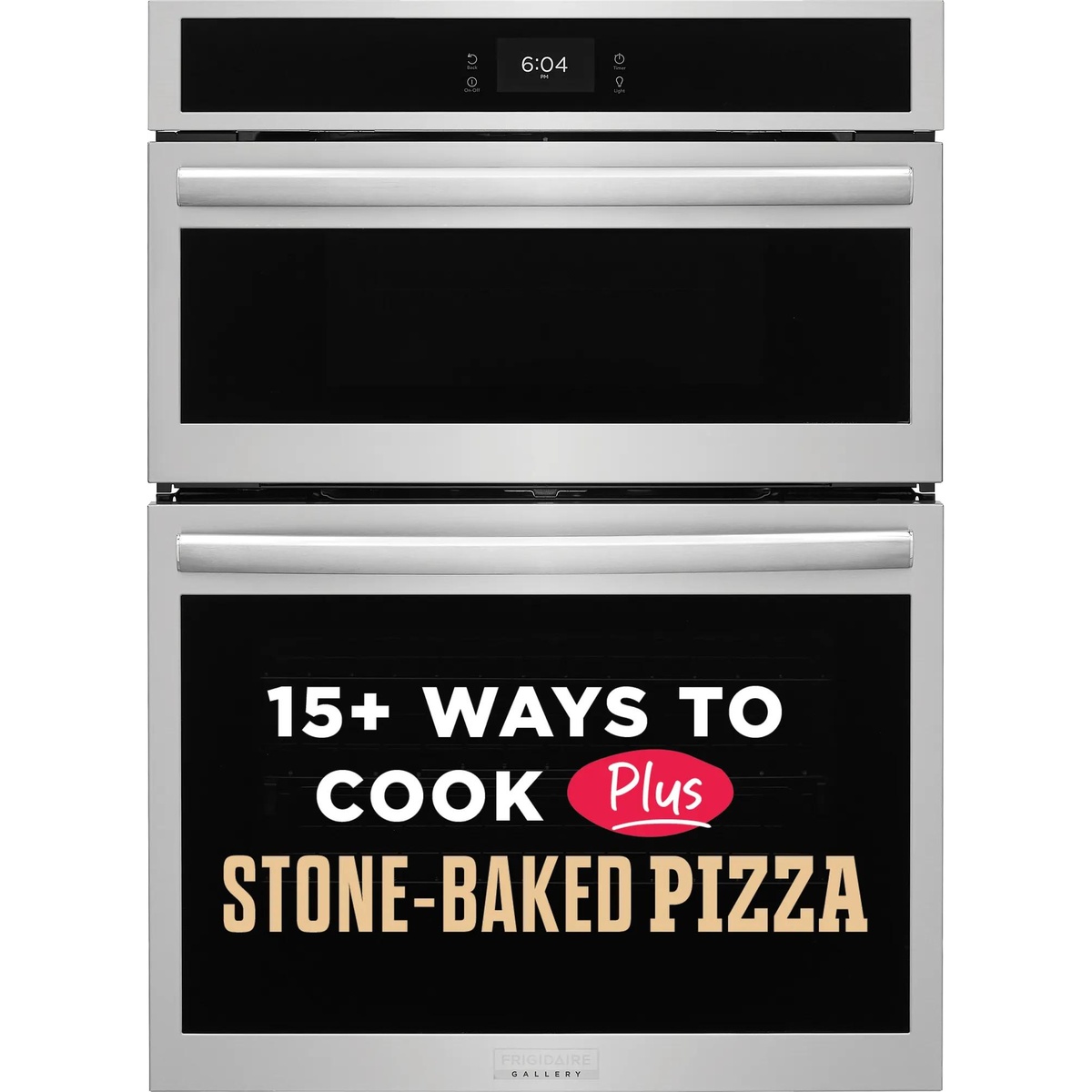 Front view of the Frigidaire Gallery GCWM3070AF wall oven and microwave combination in stainless steel with a touch control panel and text reading 15+ ways to cook plus stone-baked pizza
