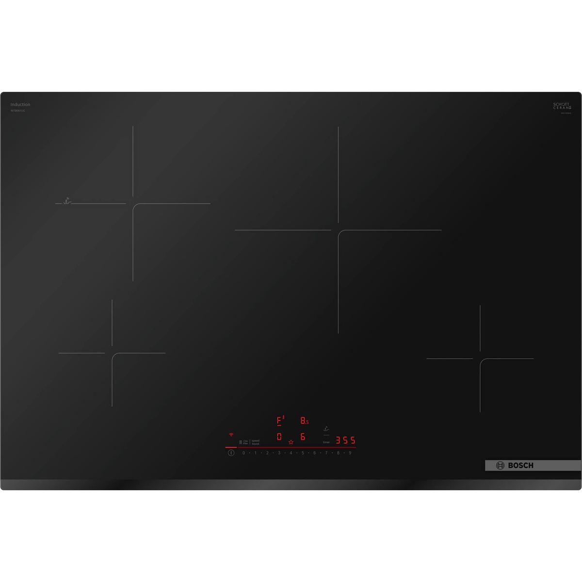 Top view of Bosch NIT8061UC induction cooktop showing four cooking zone markings and a red LED touch control panel at the front