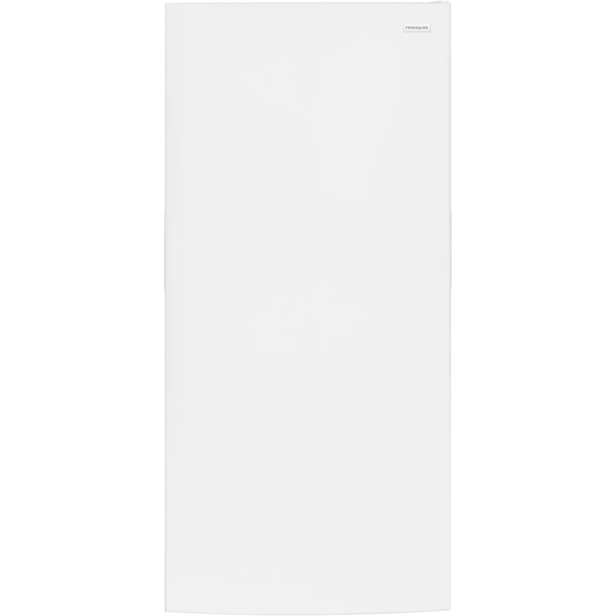Front view of a white Frigidaire upright freezer door with the Frigidaire badge at the top right