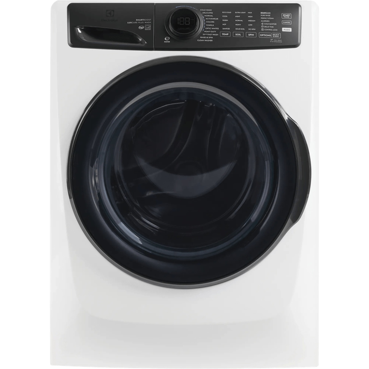 Close-up of the Electrolux ELFW7738MW washer front showing the detergent dispenser and cycle control panel