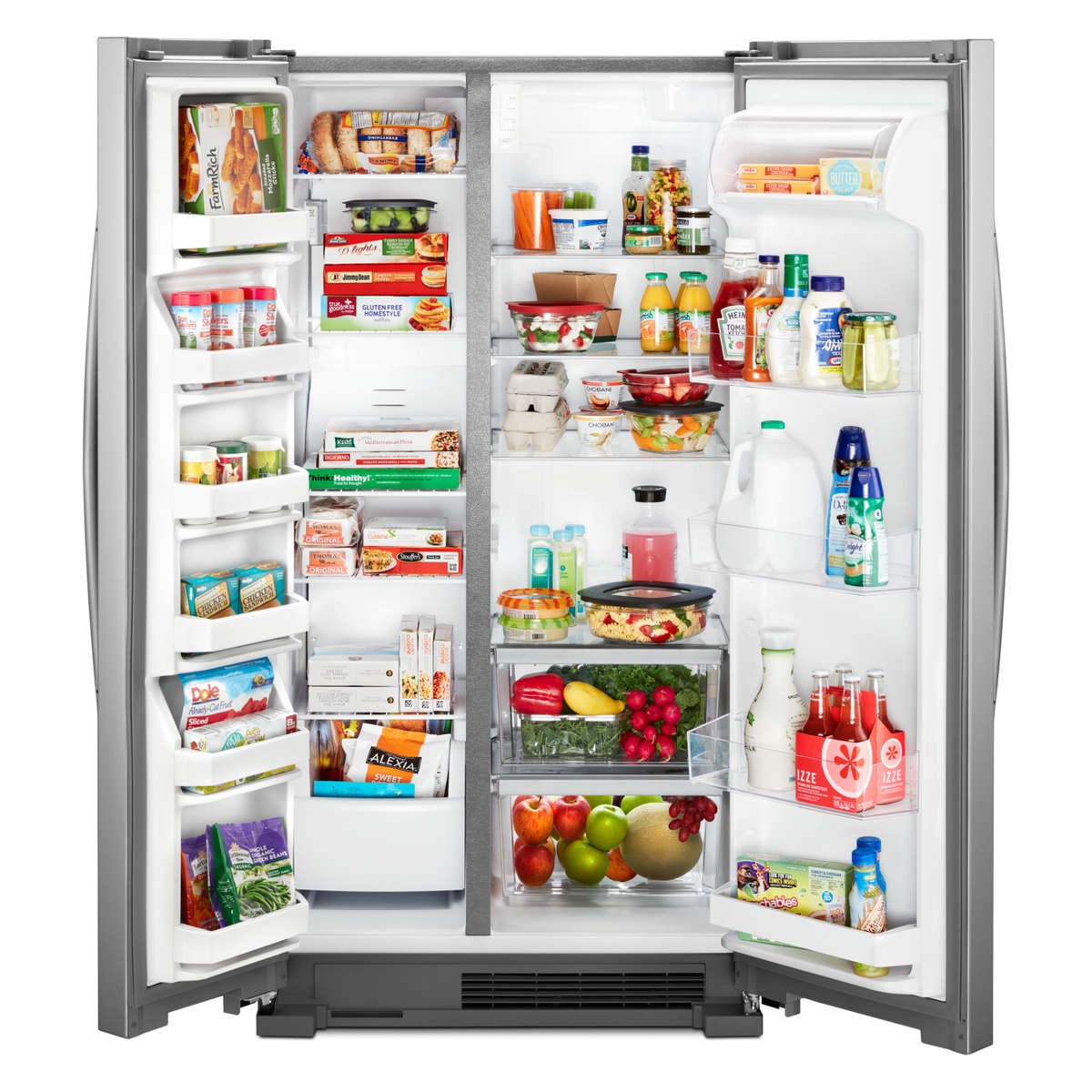 Interior view of side-by-side refrigerator showing shelves, door bins, and crisper drawers filled with food