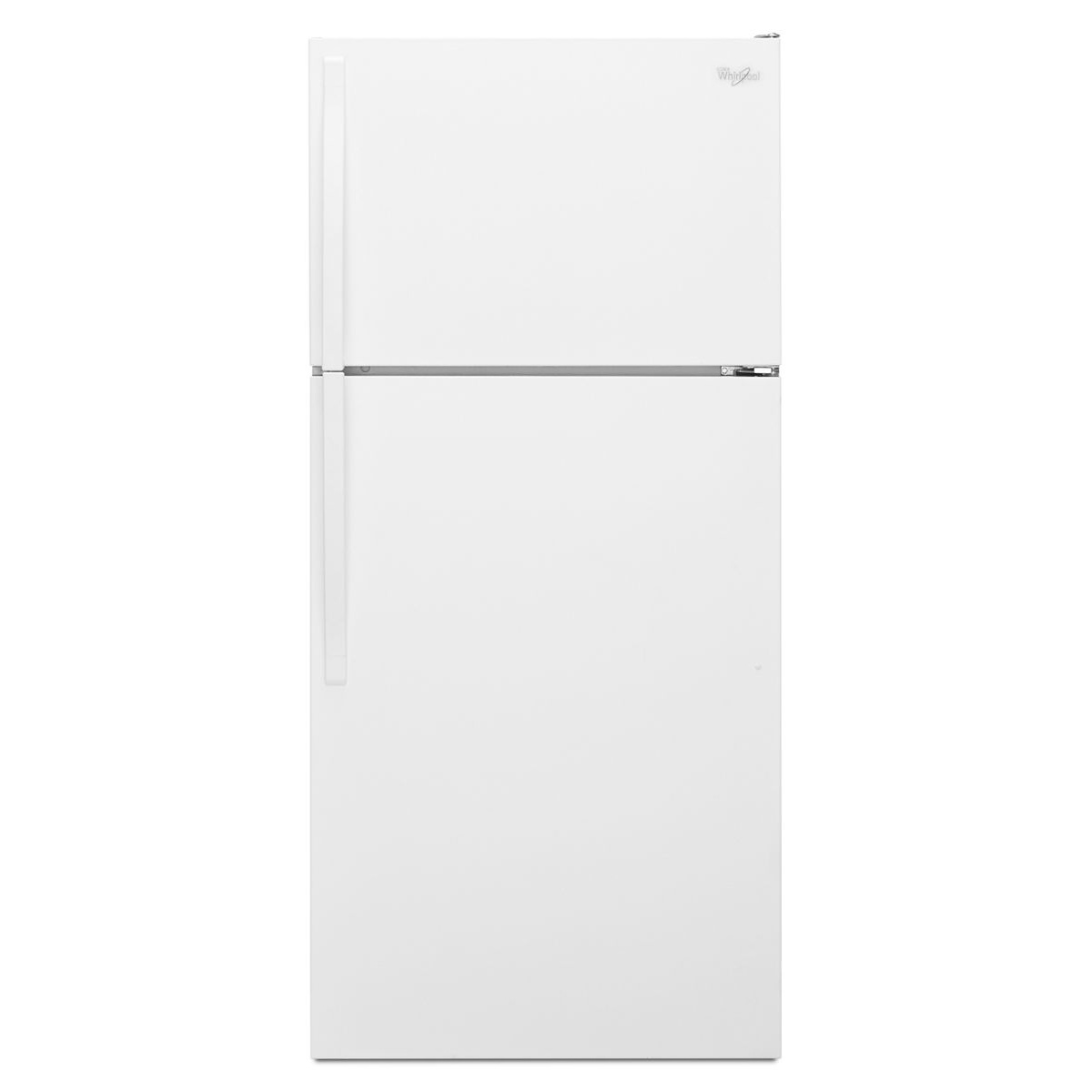 White Whirlpool top freezer refrigerator exterior with clean, classic design and signature branding