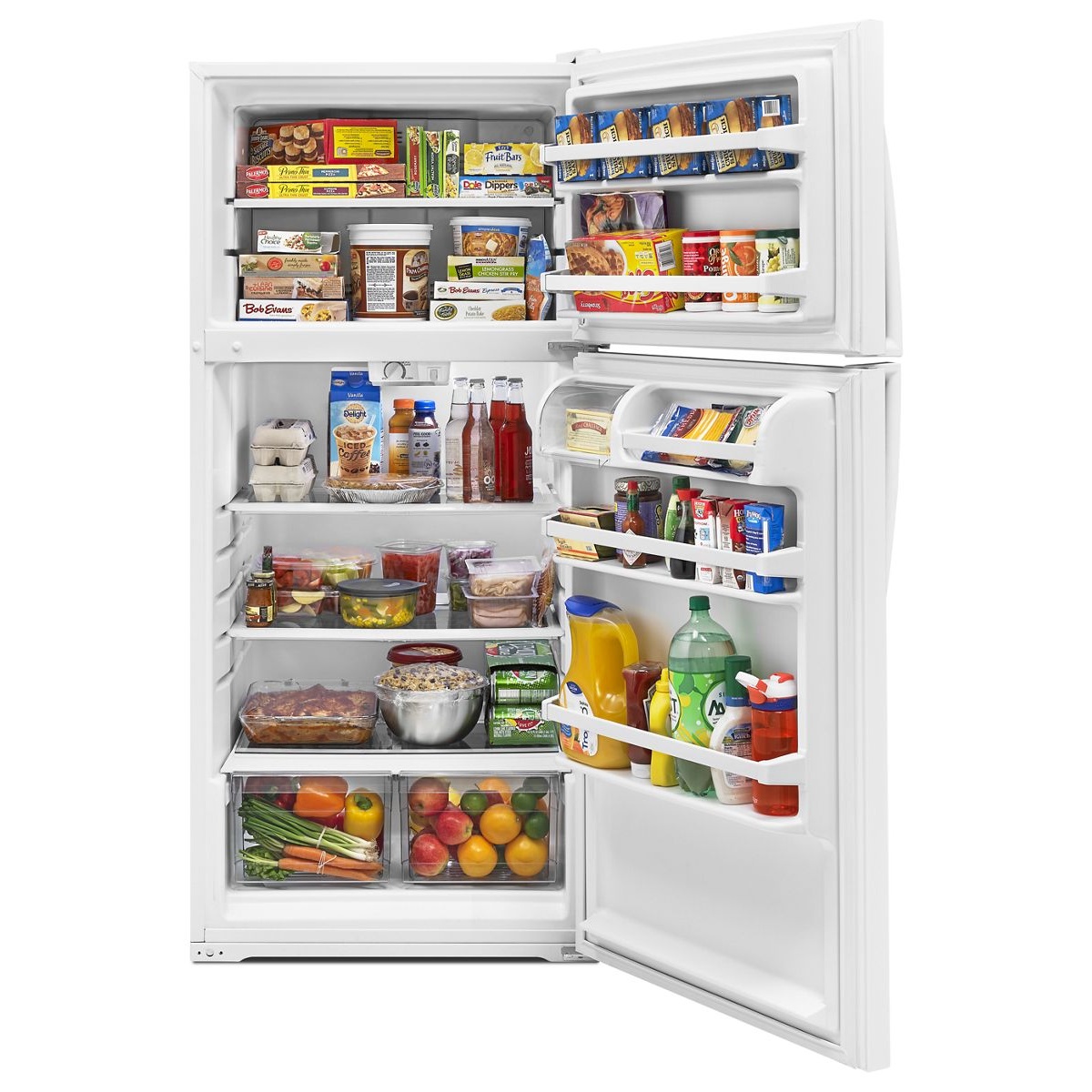Interior view of Whirlpool refrigerator showing adjustable shelving, clear crisper drawers, door storage bins, and top freezer compartment with organized food items