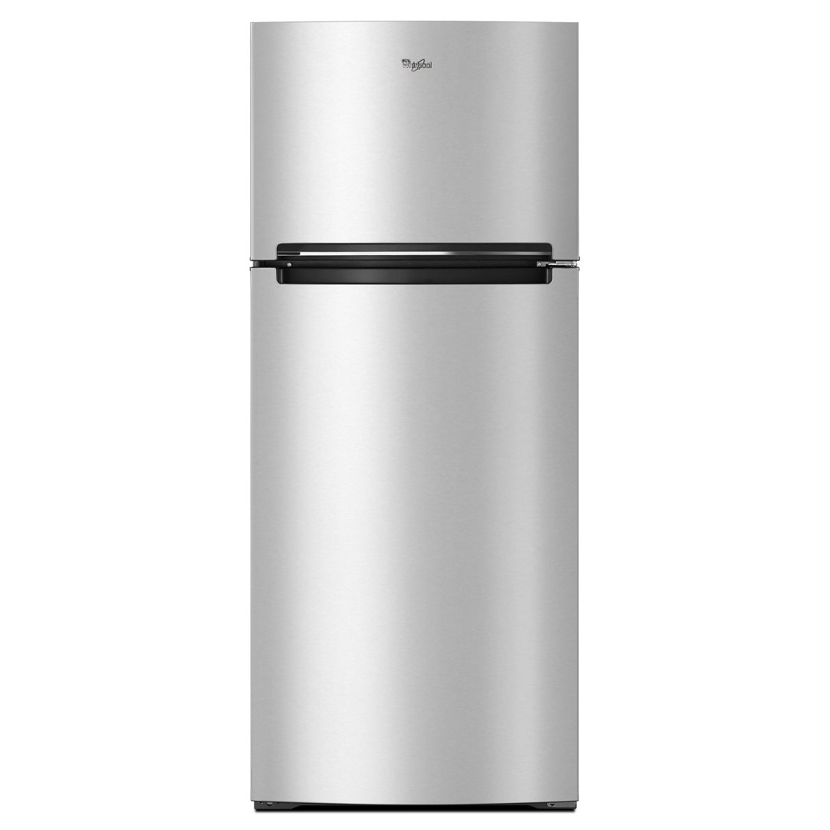 Front view of a Whirlpool stainless steel top-freezer refrigerator with horizontal handle across the center