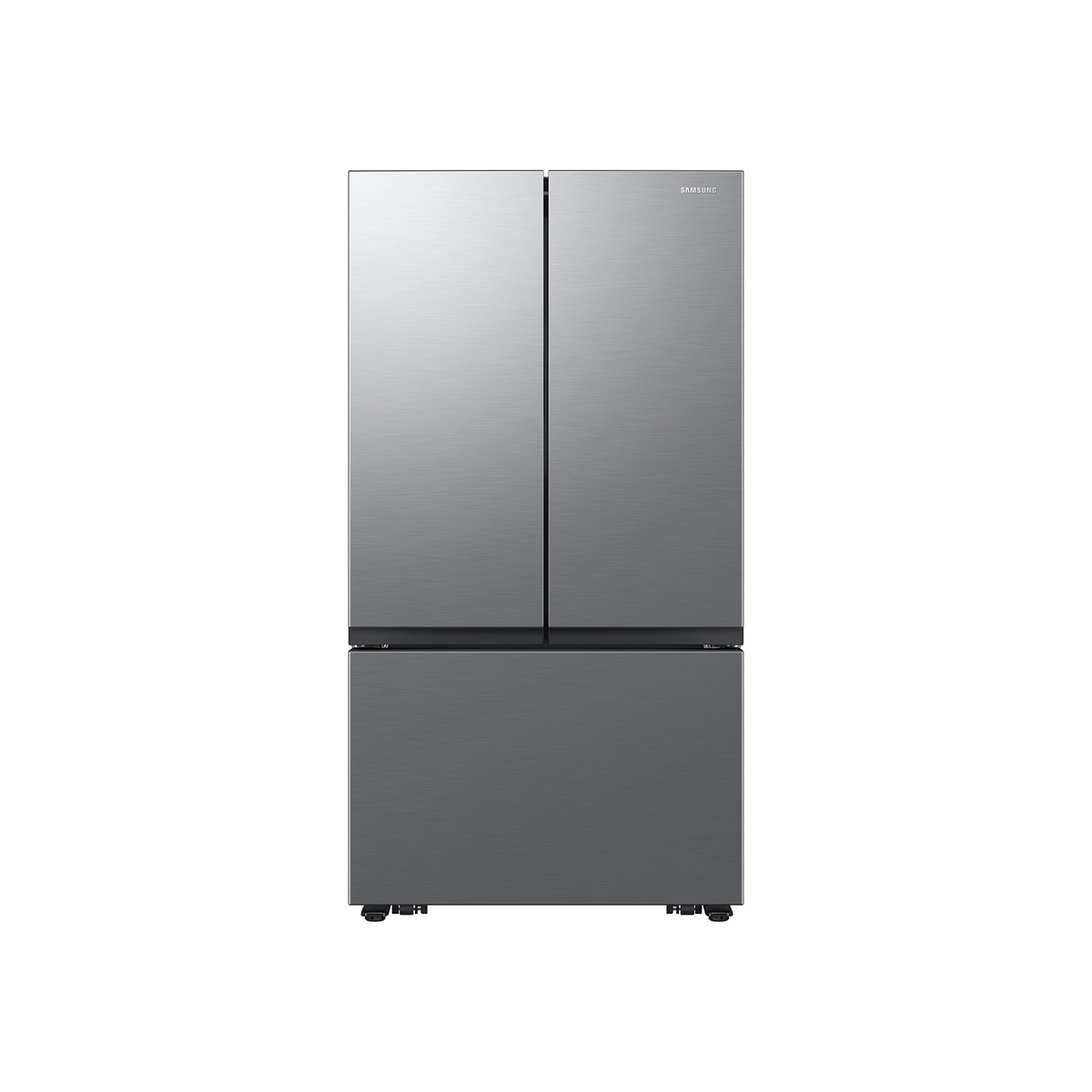 Front view of a Samsung 3-door French door refrigerator in a stainless look finish