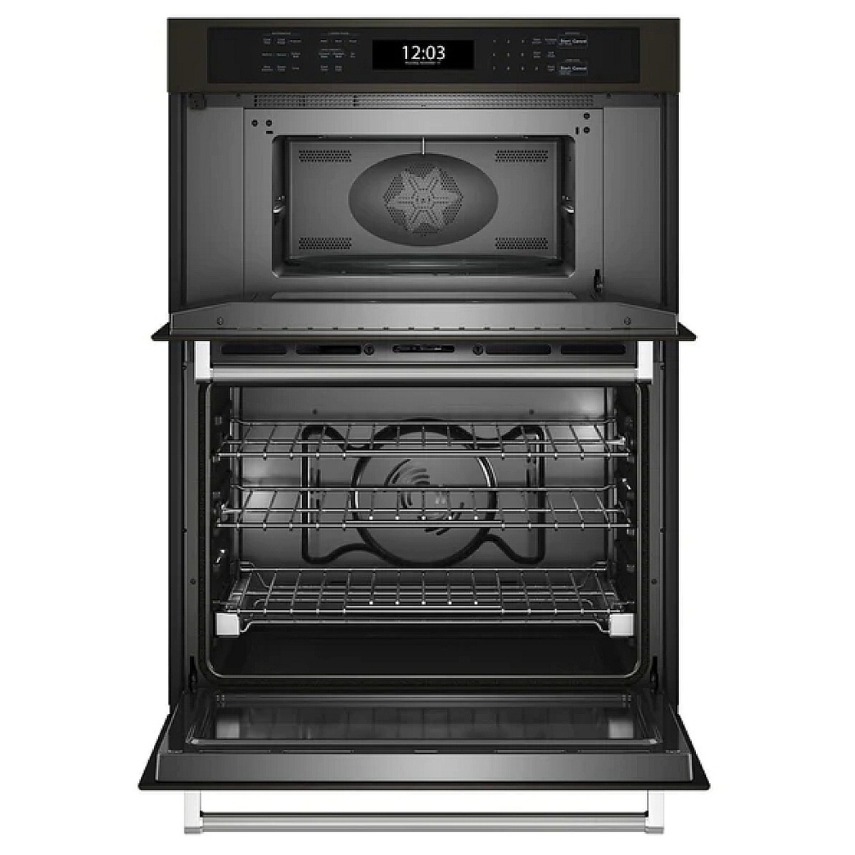 KitchenAid built-in microwave and wall oven combo shown with both doors open, interior racks visible
