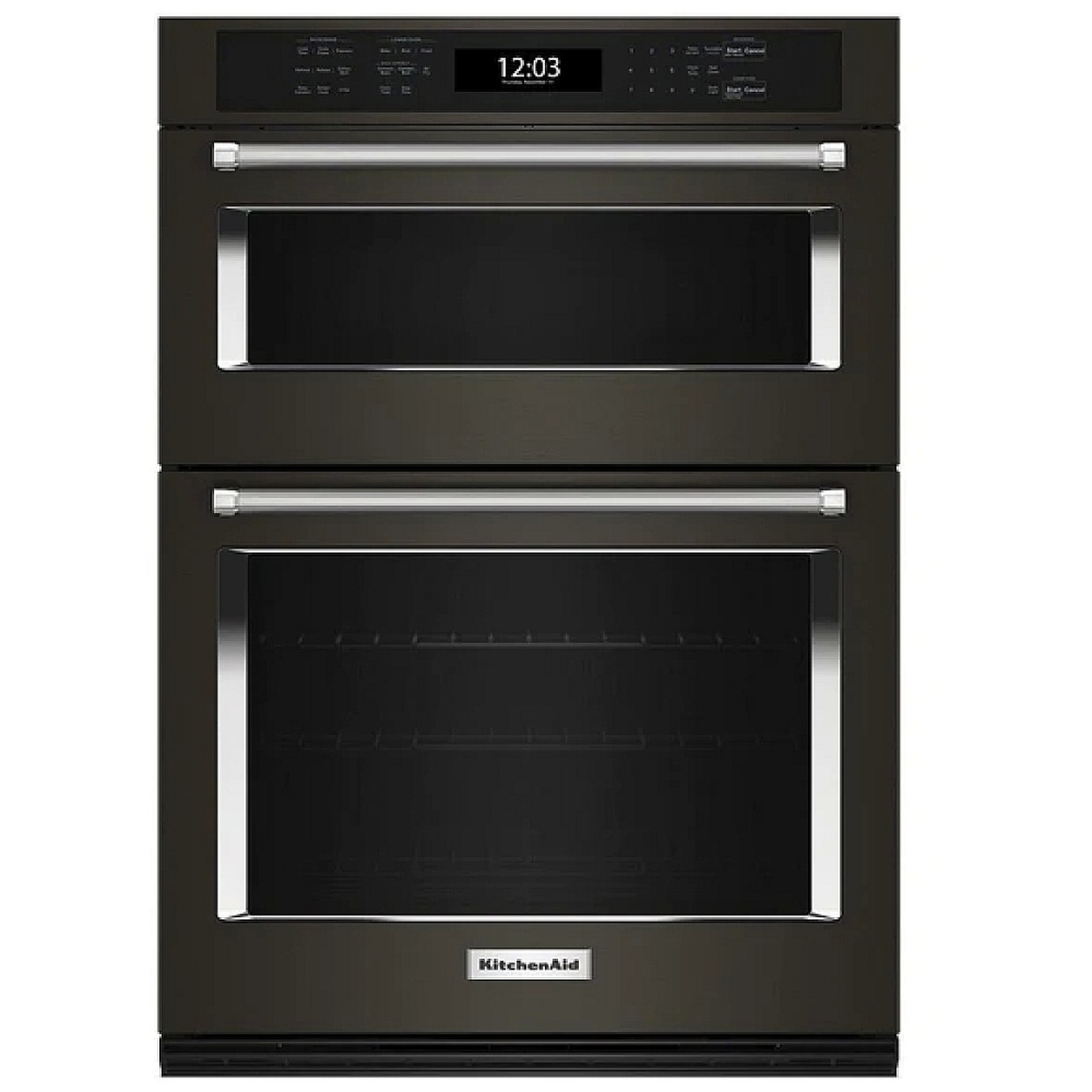 Front view of KitchenAid KOEC530PBS built-in microwave wall oven combo with touch controls and bar handles