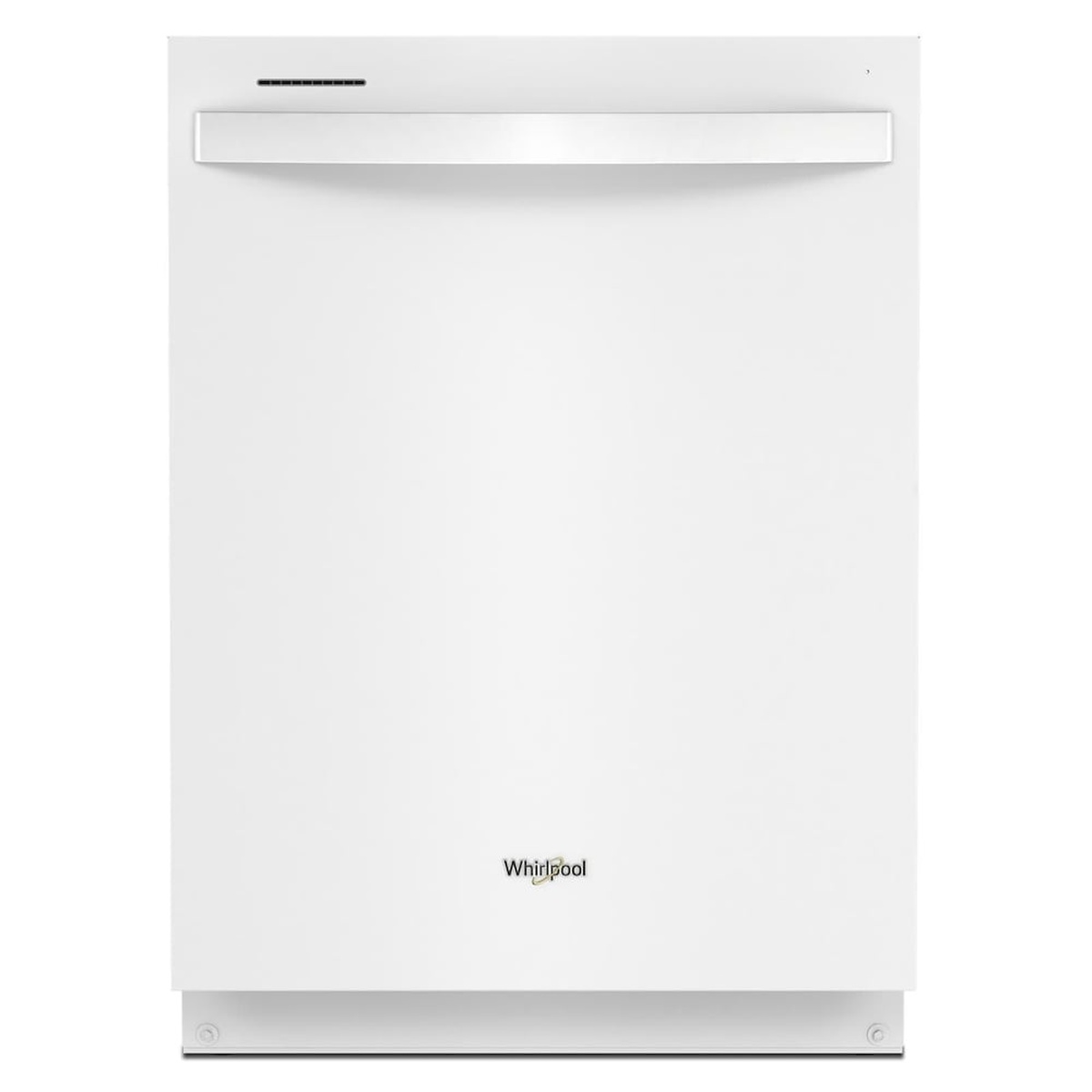Front view of a white Whirlpool top-control built-in dishwasher with a bar handle