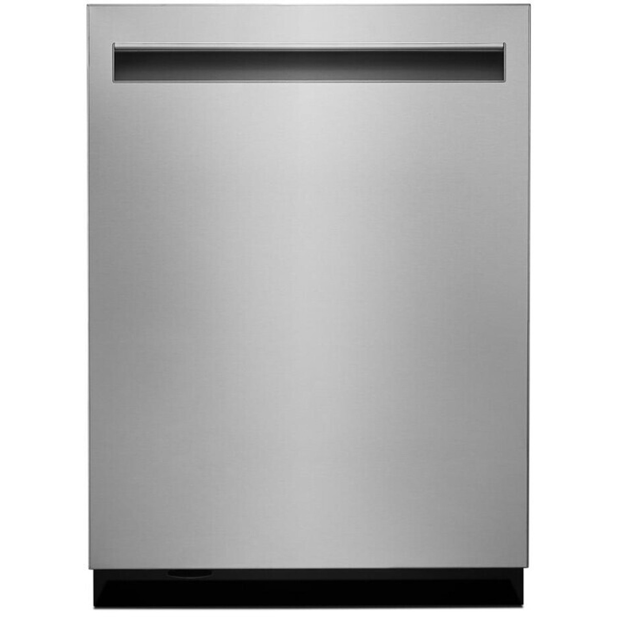 Front view of a stainless steel fully integrated JennAir dishwasher with a pocket handle at the top