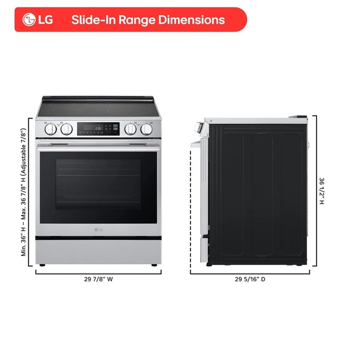 Front and side view dimension diagram of the LG slide-in range showing width, height, and depth measurements