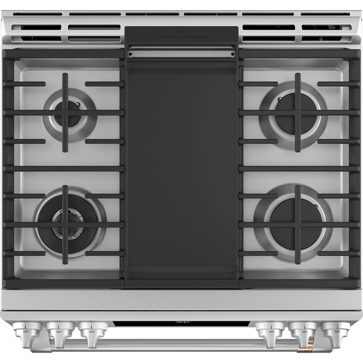 Top-down view of the Café range cooktop with four burners and a center griddle section