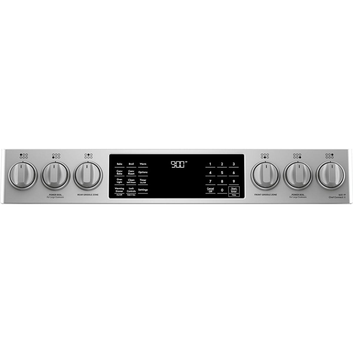 Close-up of the Café range control panel with touch controls, number pad, display, and metal burner knobs