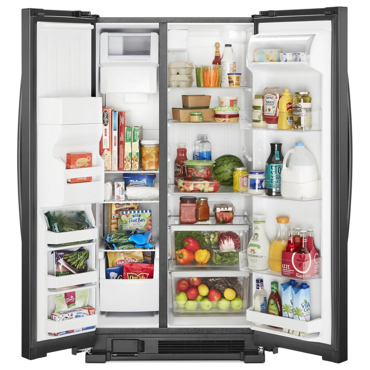 Open Whirlpool side-by-side refrigerator showing shelves, clear drawers, and door bins in both compartments