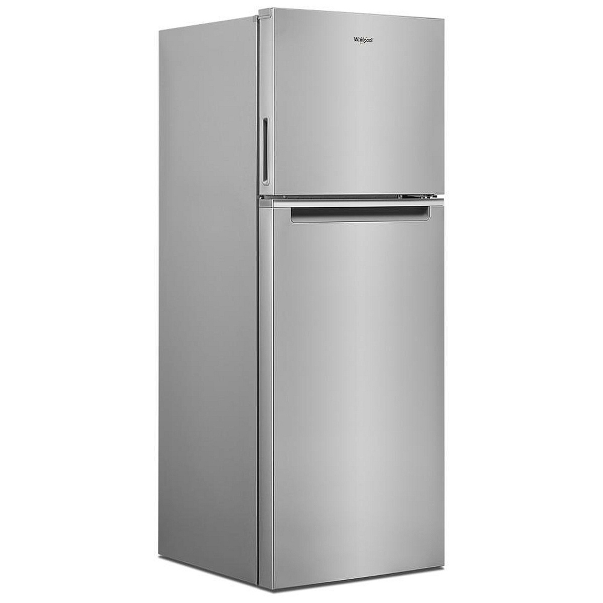 Angled view of the Whirlpool WRT313CZLZ top-freezer refrigerator in a fingerprint-resistant stainless finish with integrated handles