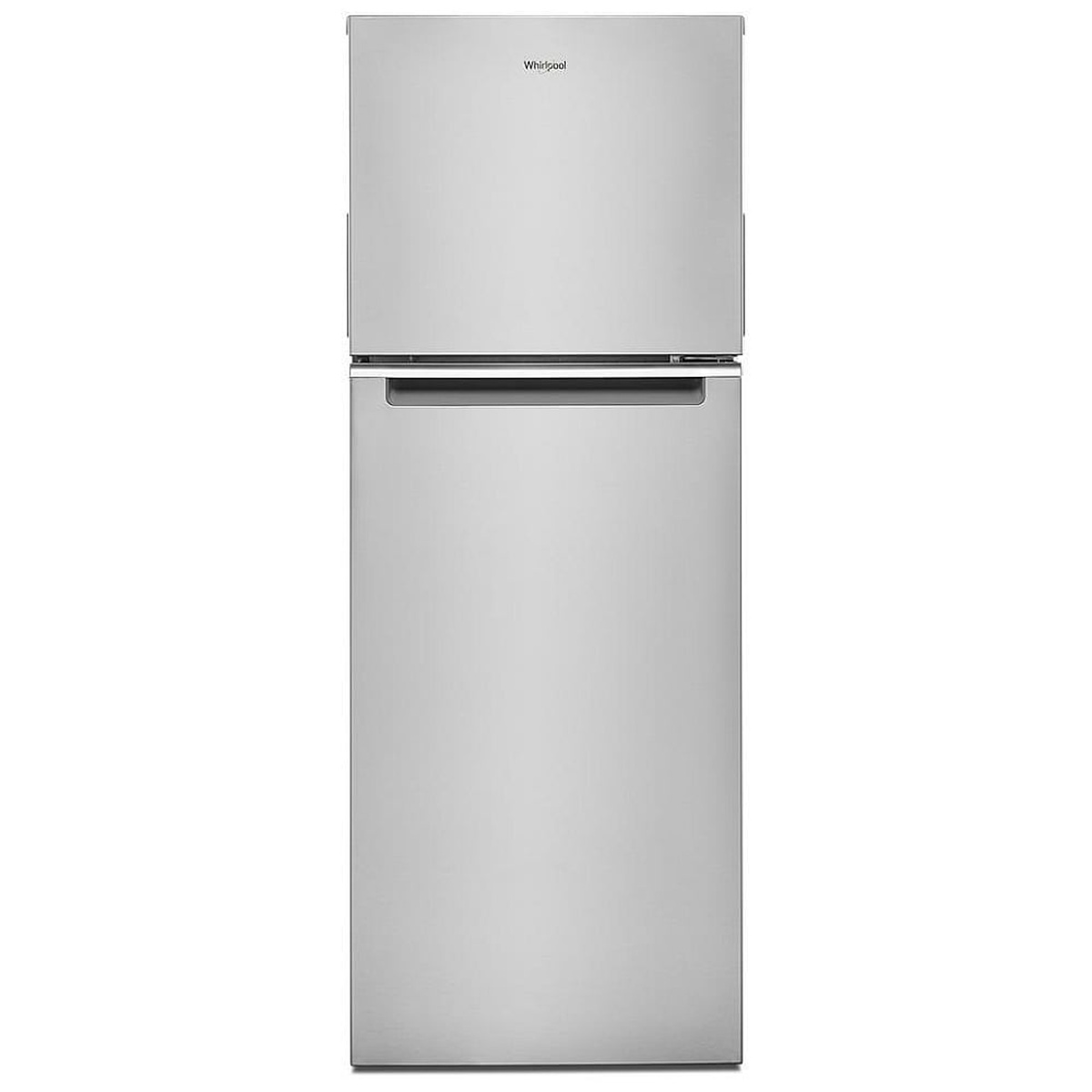 Front view of the Whirlpool WRT313CZLZ top-freezer refrigerator with a smooth stainless-look door finish