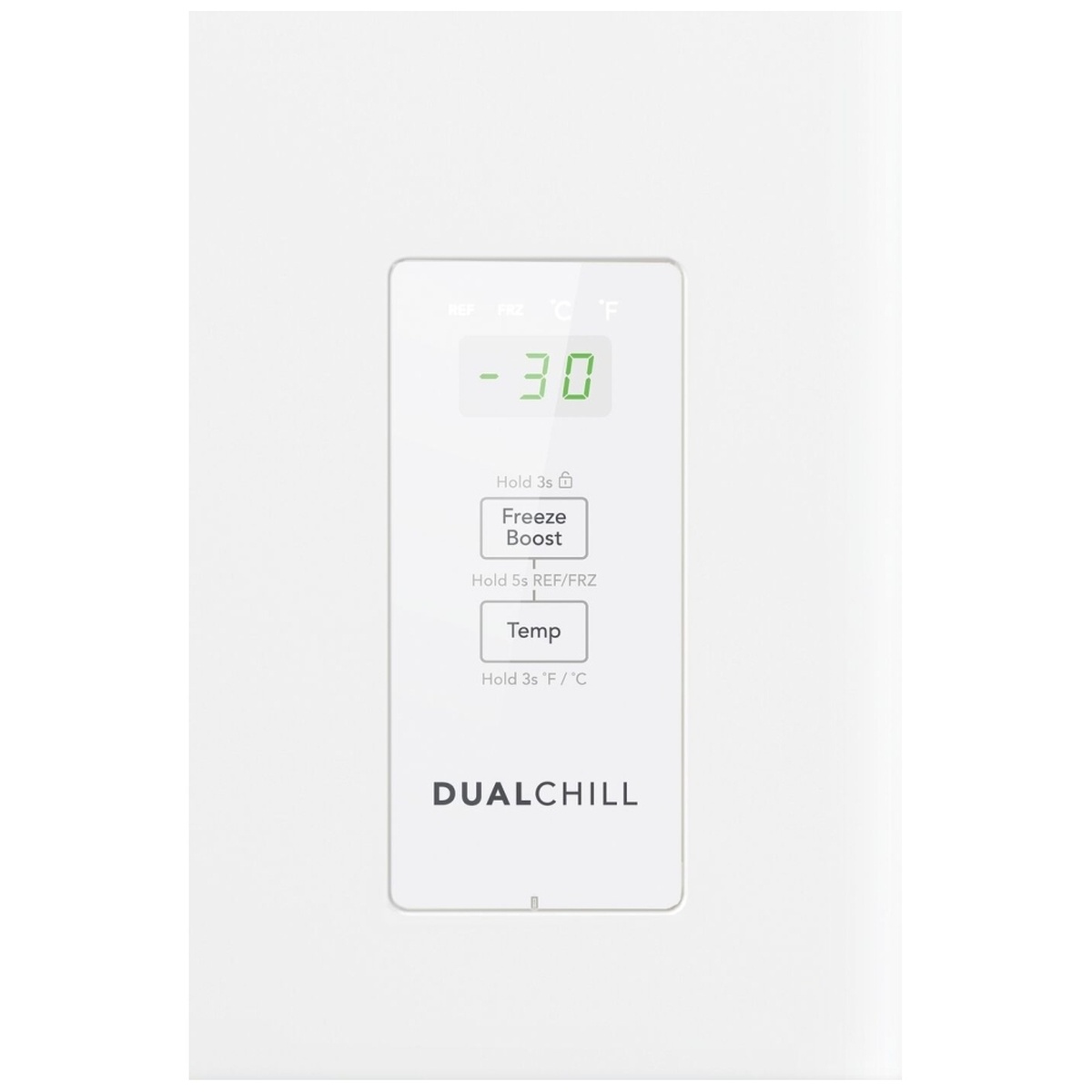 Close-up of the FFCS0562AW front control panel showing temperature display, Freeze Boost button, and DualChill branding