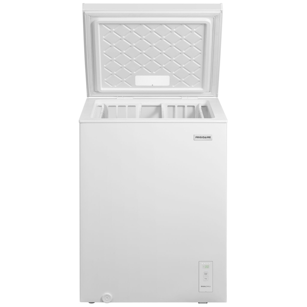 FFCS0562AW chest freezer shown with the lid open, revealing the top-access interior