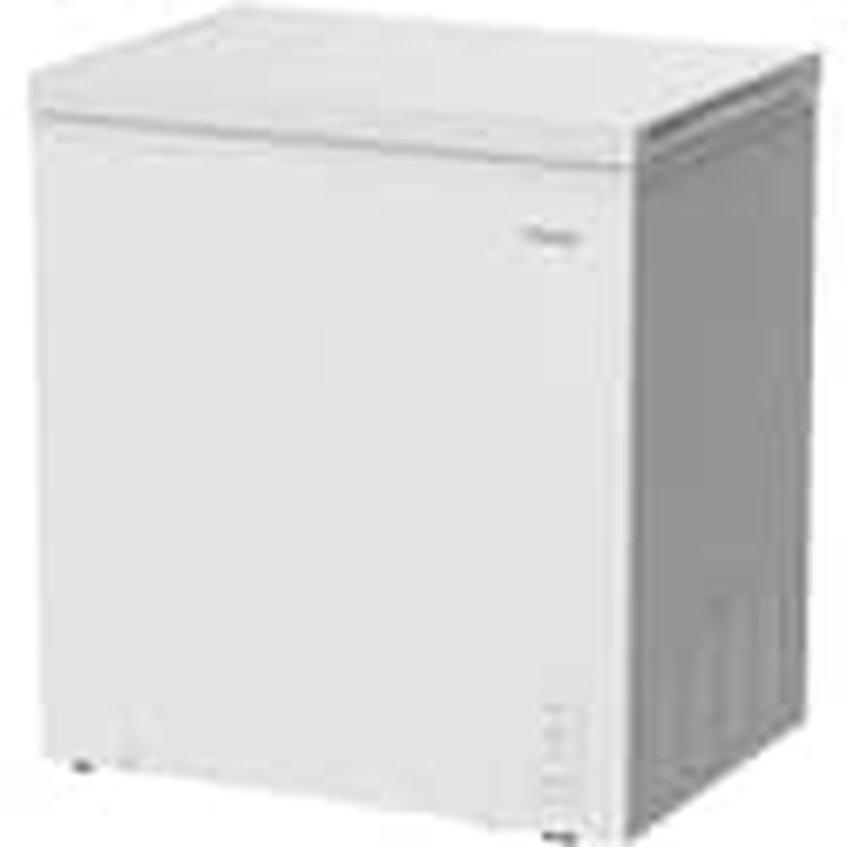 Angled view of a white Frigidaire chest freezer with closed lid