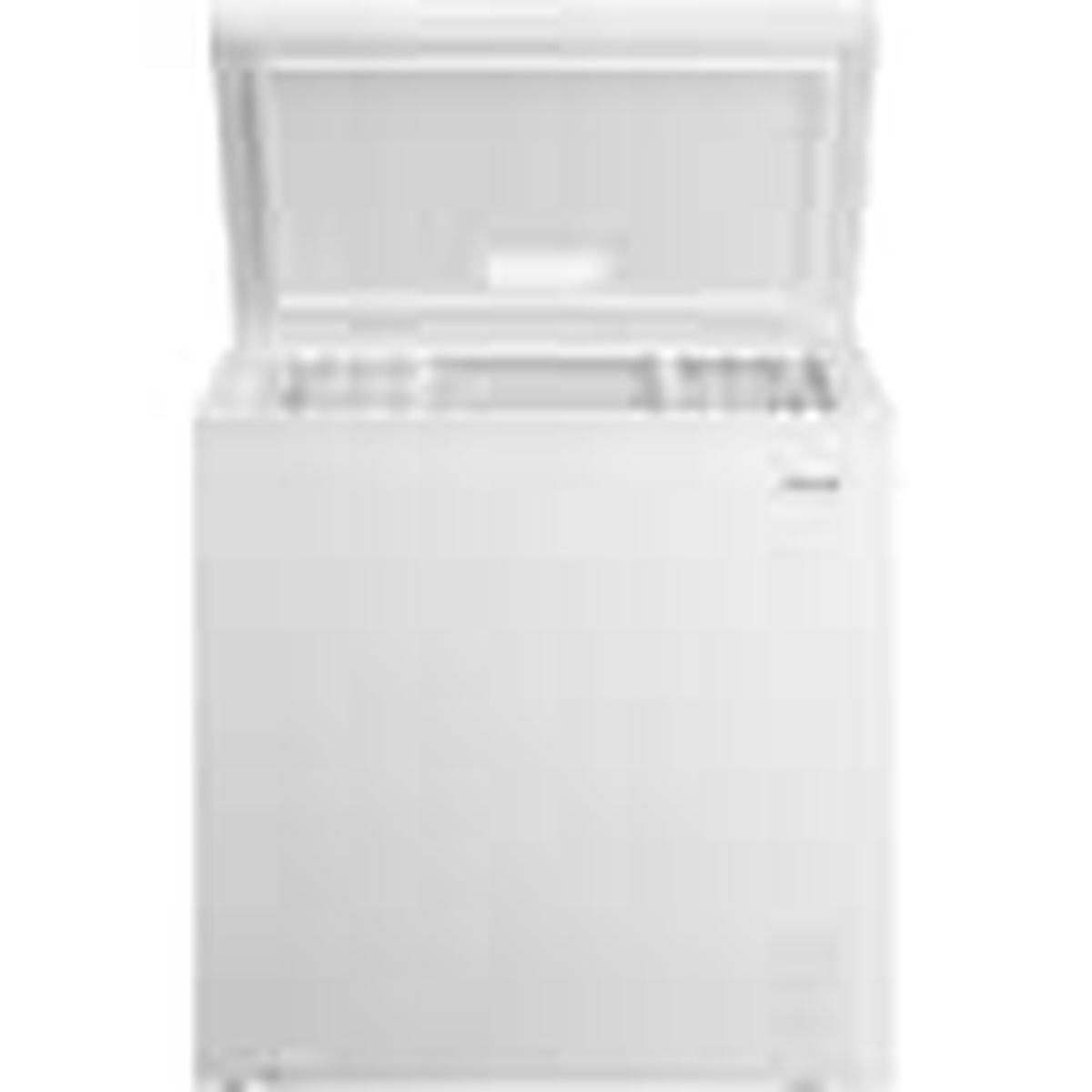 Open white Frigidaire chest freezer showing interior storage with two removable baskets