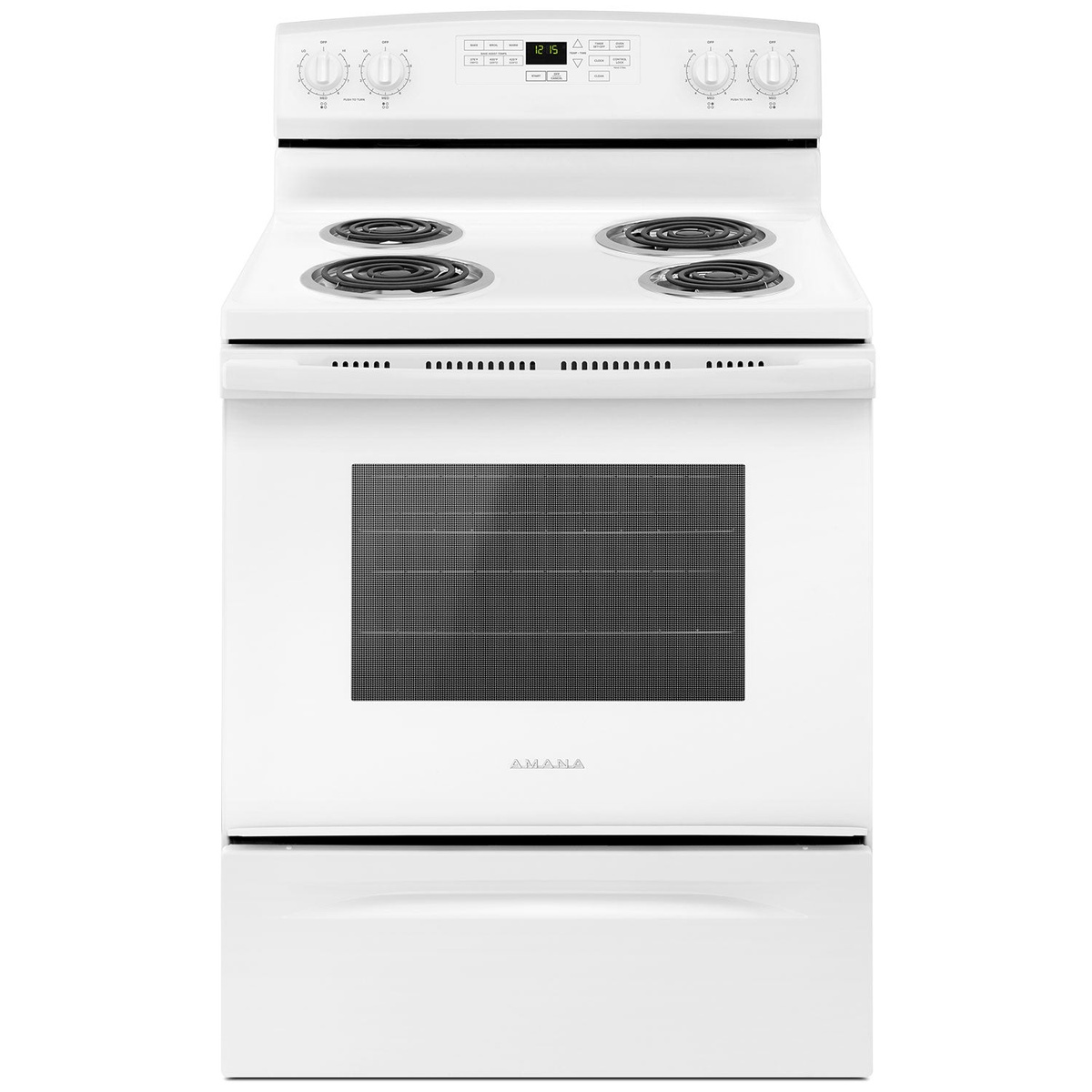 Amana YACR4503SFW white freestanding electric range full front view showing four coil burners and digital control panel