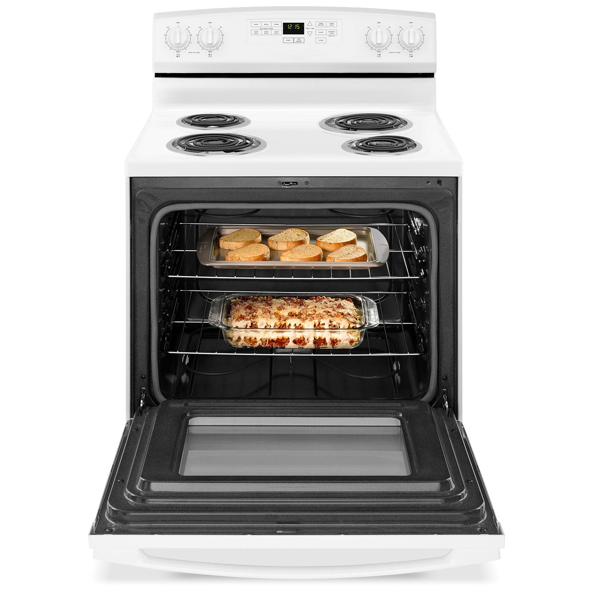 Amana YACR4503SFW oven open with lasagna on the lower rack and garlic bread on the upper rack, showing multi-rack cooking capacity