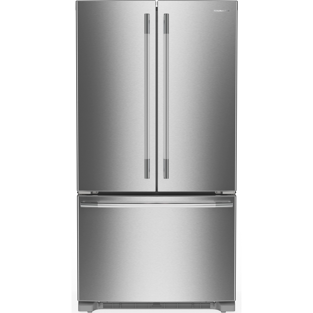 KitchenAid stainless steel French door refrigerator with bottom freezer drawer and long vertical handles