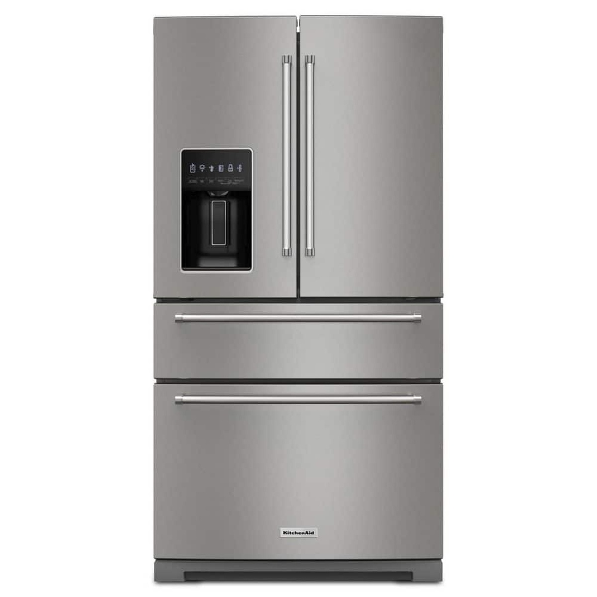 Front view of a KitchenAid four-door stainless steel refrigerator with an exterior ice and water dispenser