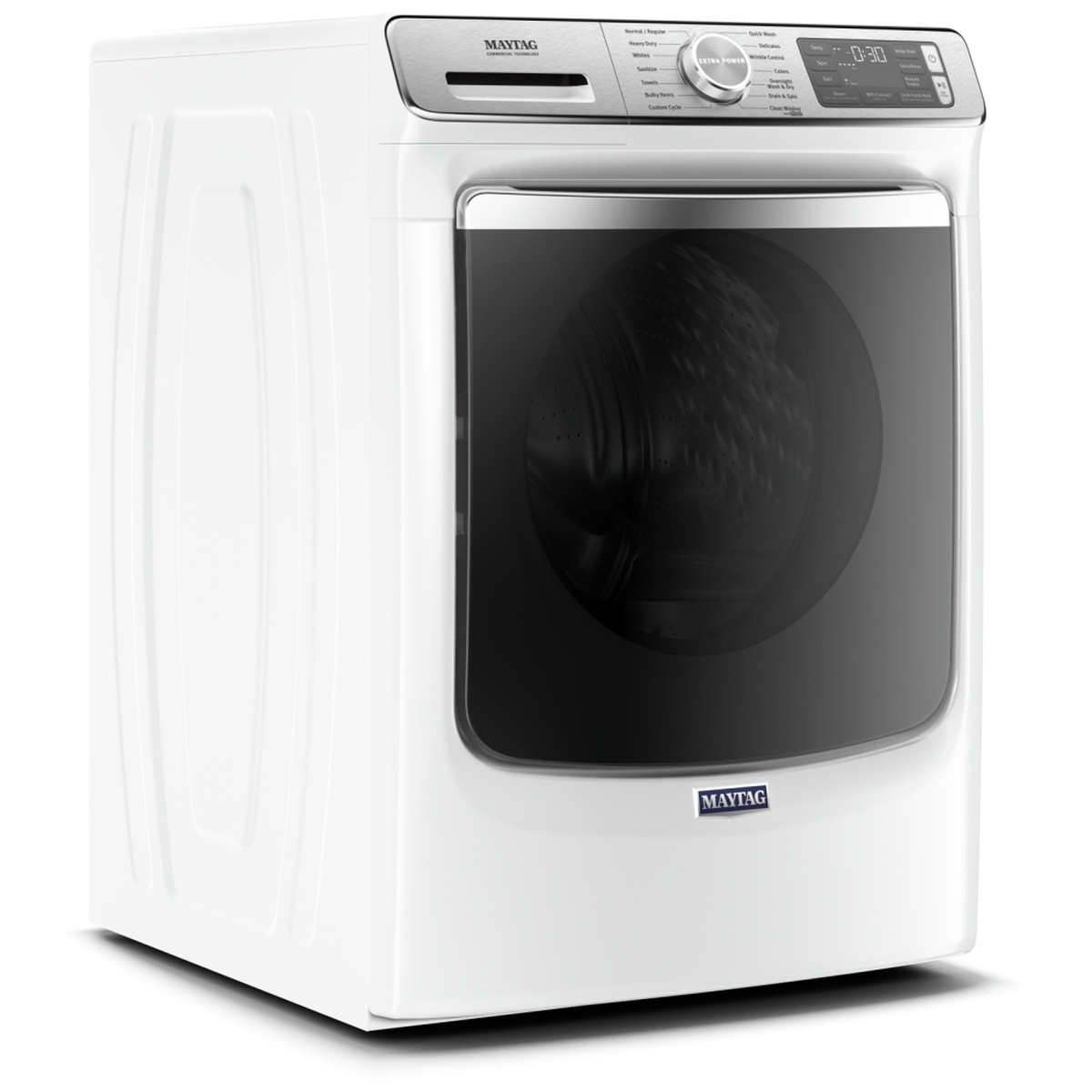 Angled view of the white Maytag front-load washer with large tinted door window and top control panel
