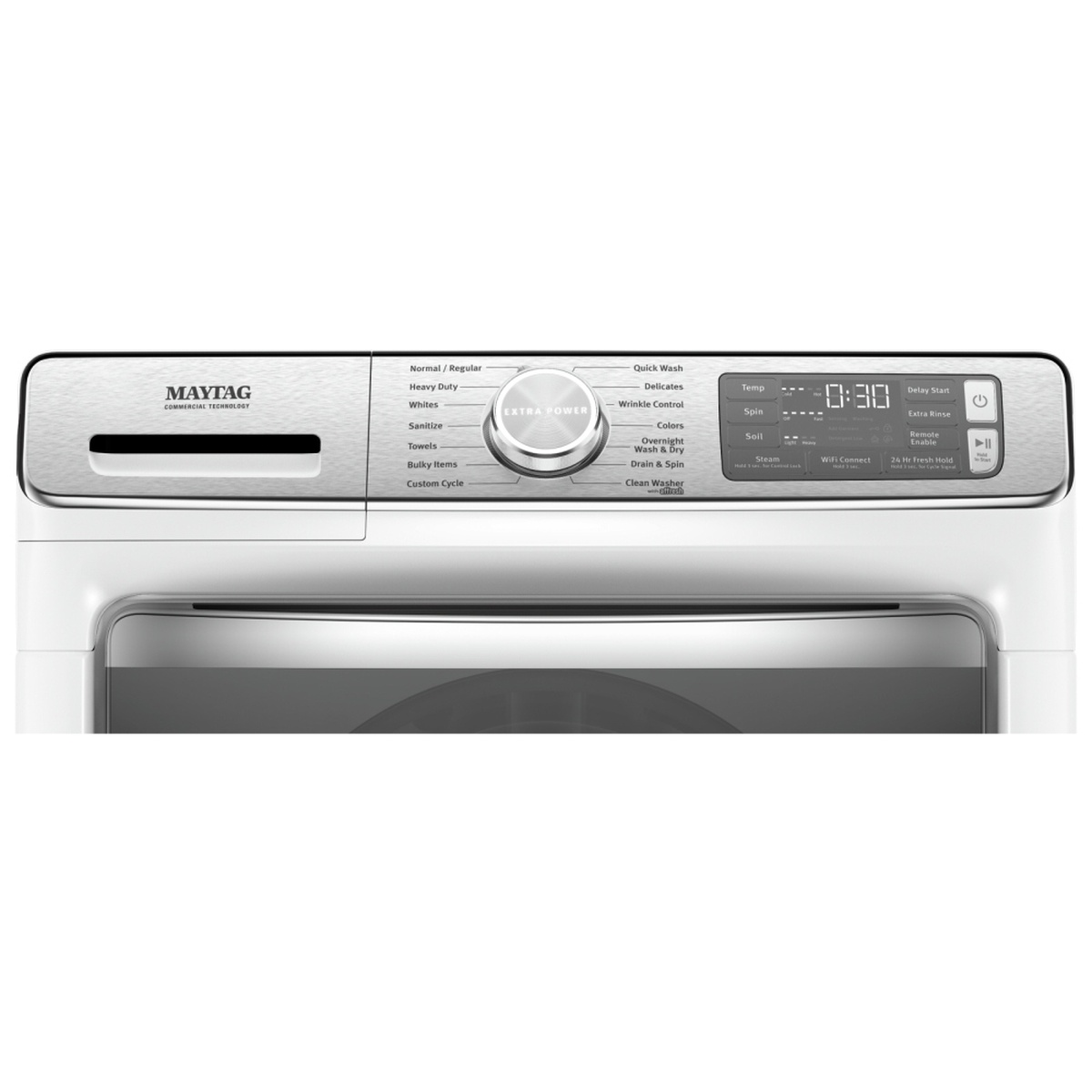Close-up of the Maytag MHW8630HW washer control panel with cycle dial, Extra Power button, WiFi Connect, Steam, and 24 Hr Fresh Hold controls