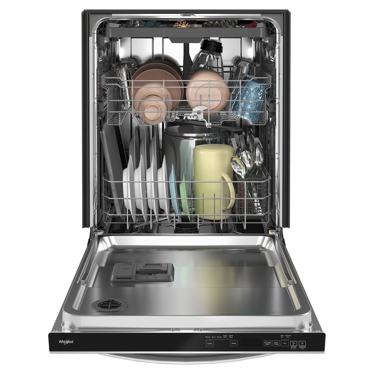 Whirlpool WDT750SAKZ dishwasher open with upper and lower racks loaded with plates, mugs, glasses, and cutlery, showing the interior rack configuration and hidden top control panel