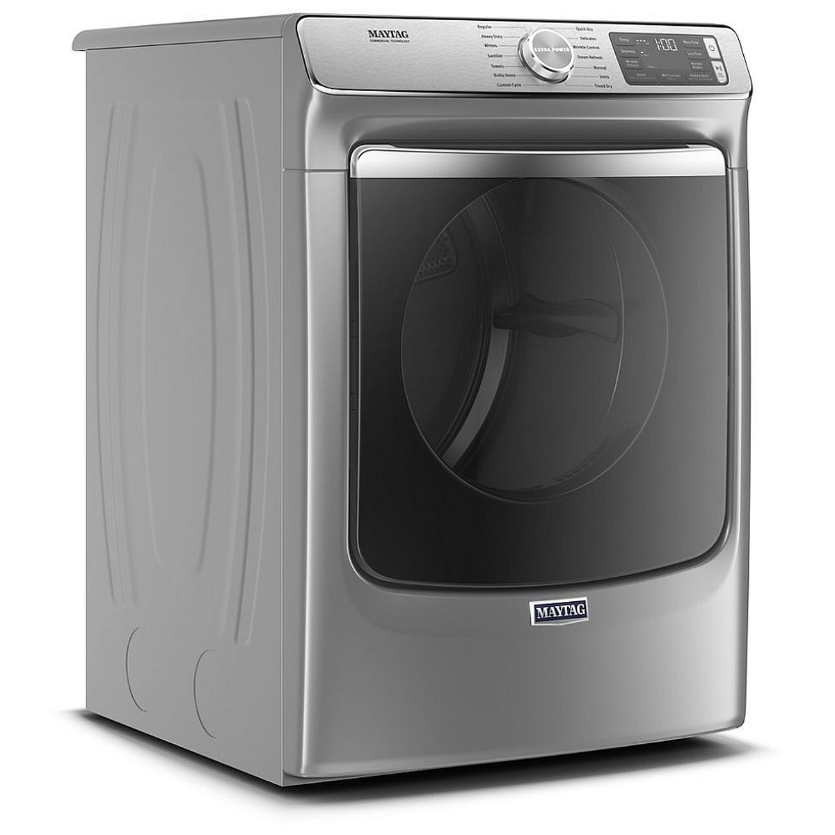 Angled view of the Maytag metallic slate front-load electric dryer with a large window door and front control panel