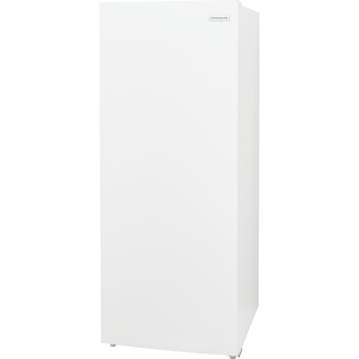 Angled right-side view of a white Frigidaire upright freezer showing the smooth front door and cabinet depth