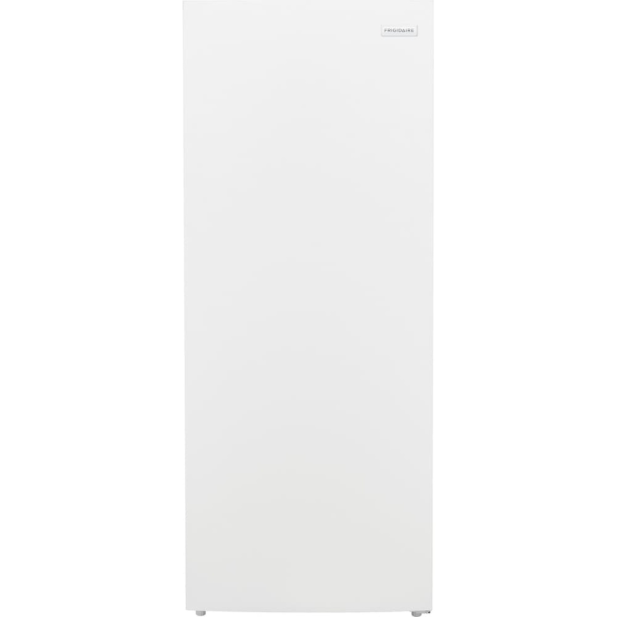 Front view of a Frigidaire white upright freezer with a tall flat door and small logo badge near the top