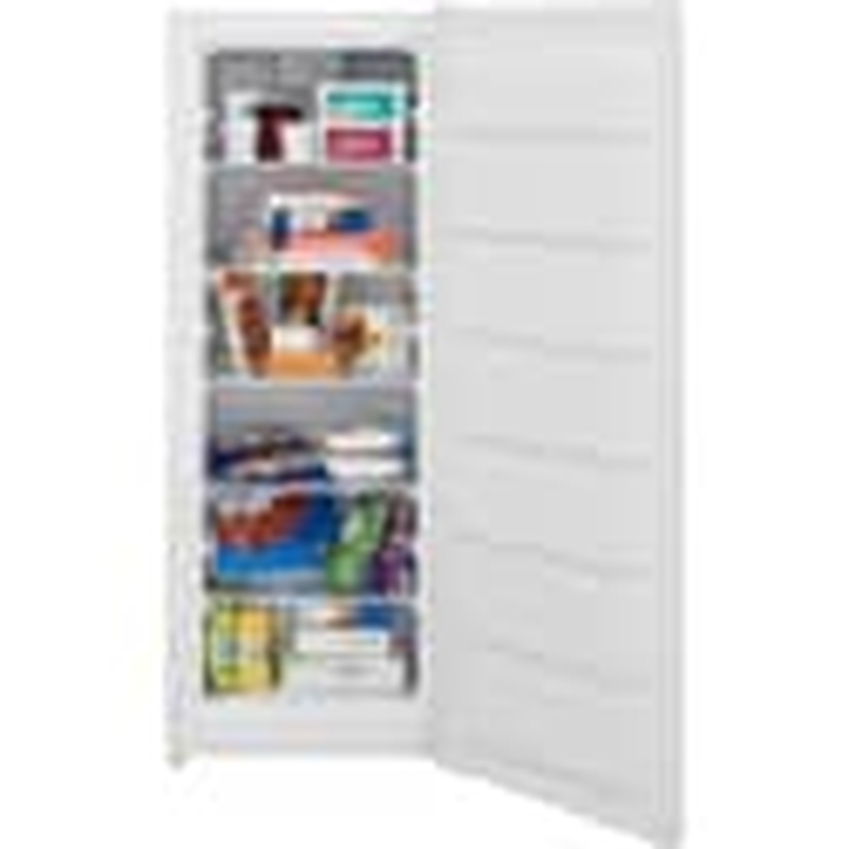 Upright freezer open and stocked with frozen foods on the shelves