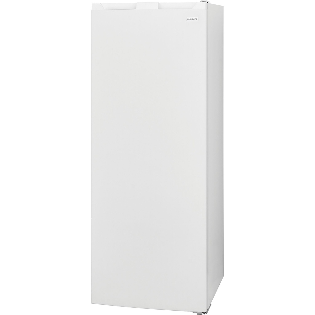 White Frigidaire upright freezer shown from a front right angle