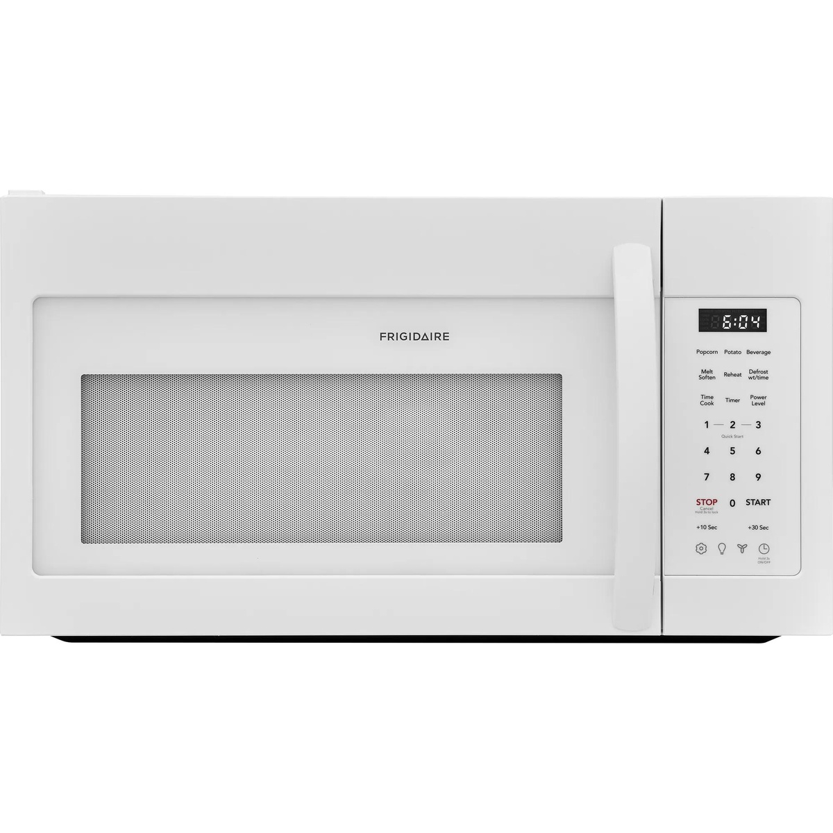 Front view of the Frigidaire FMOS1846BW white over-the-range microwave showing the full control panel with Quick Start buttons, preset food functions, number pad, and ventilation fan icon