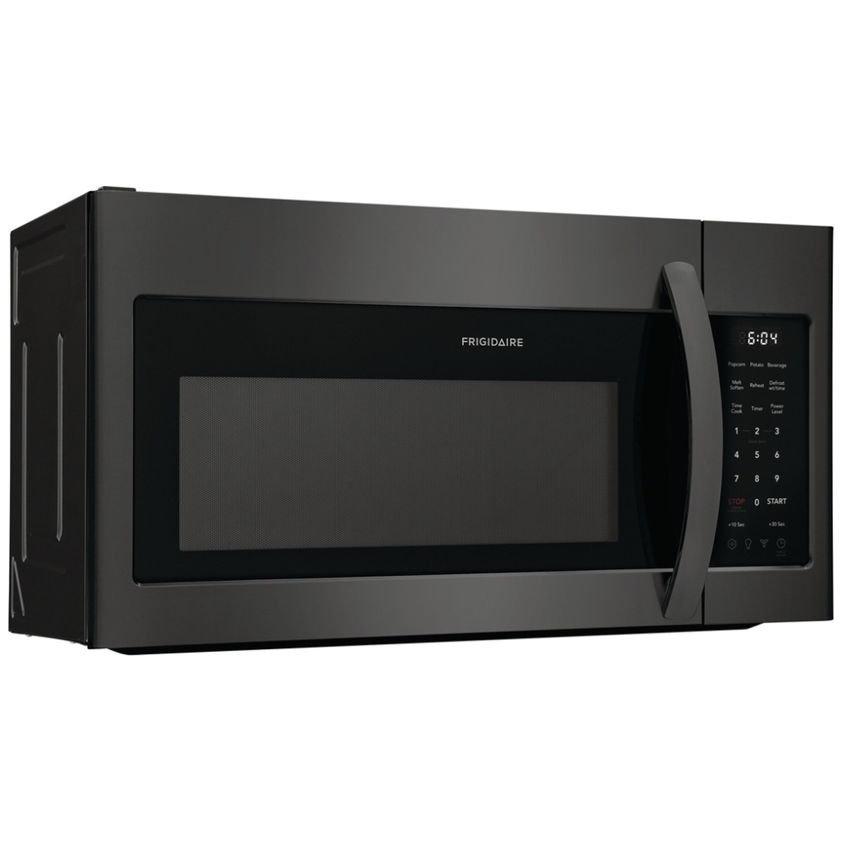 Angled front view of the Frigidaire FMOS1846BD over-the-range microwave in black stainless finish