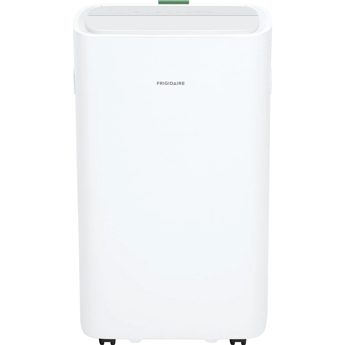 Front view of the Frigidaire FHPC142AA1 white portable air conditioner showing the top-mounted control panel and bottom caster wheels