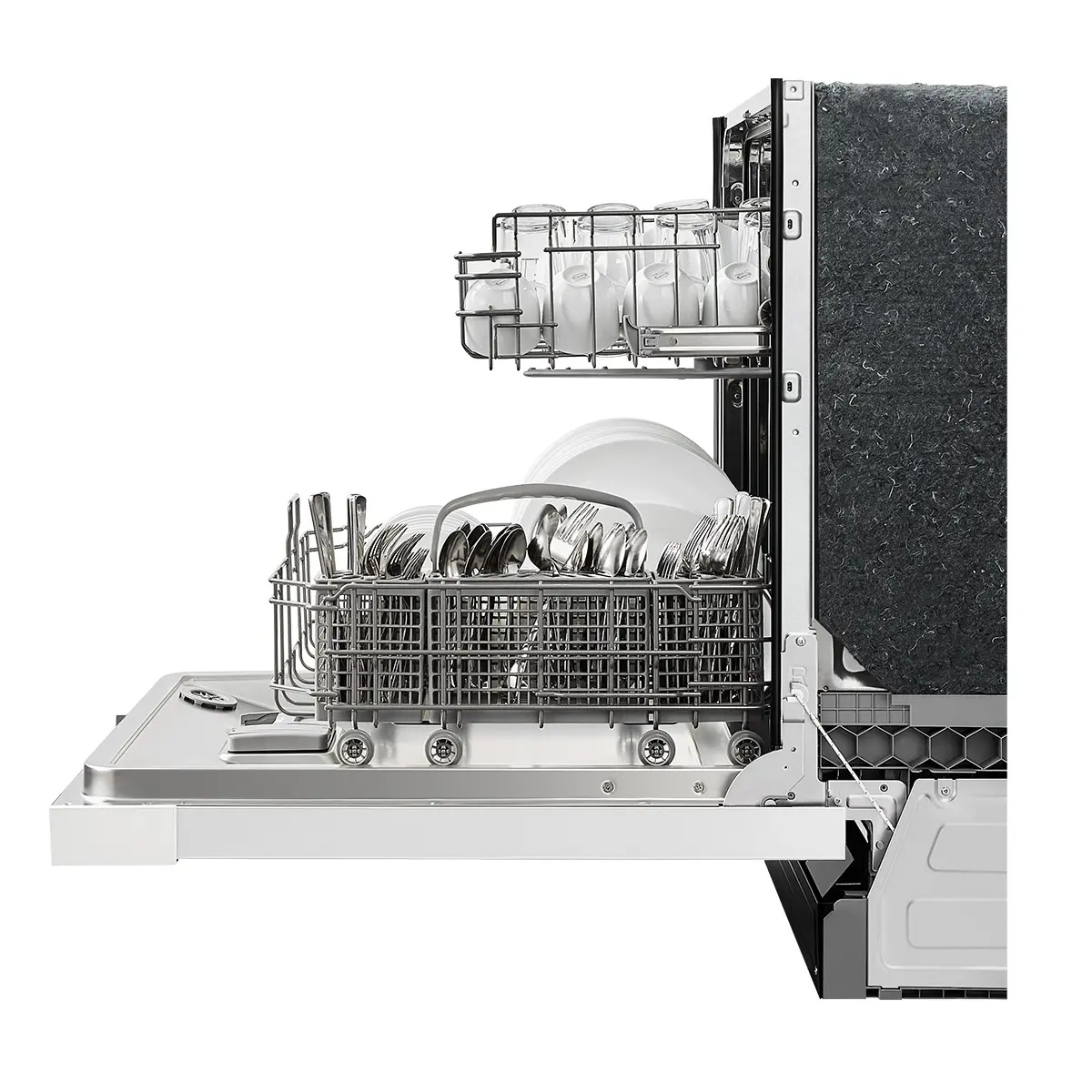Side view of Midea MDF24P1BWW with door open, showing upper rack loaded with glasses and the lower rack holding plates, bowls, and a full cutlery basket