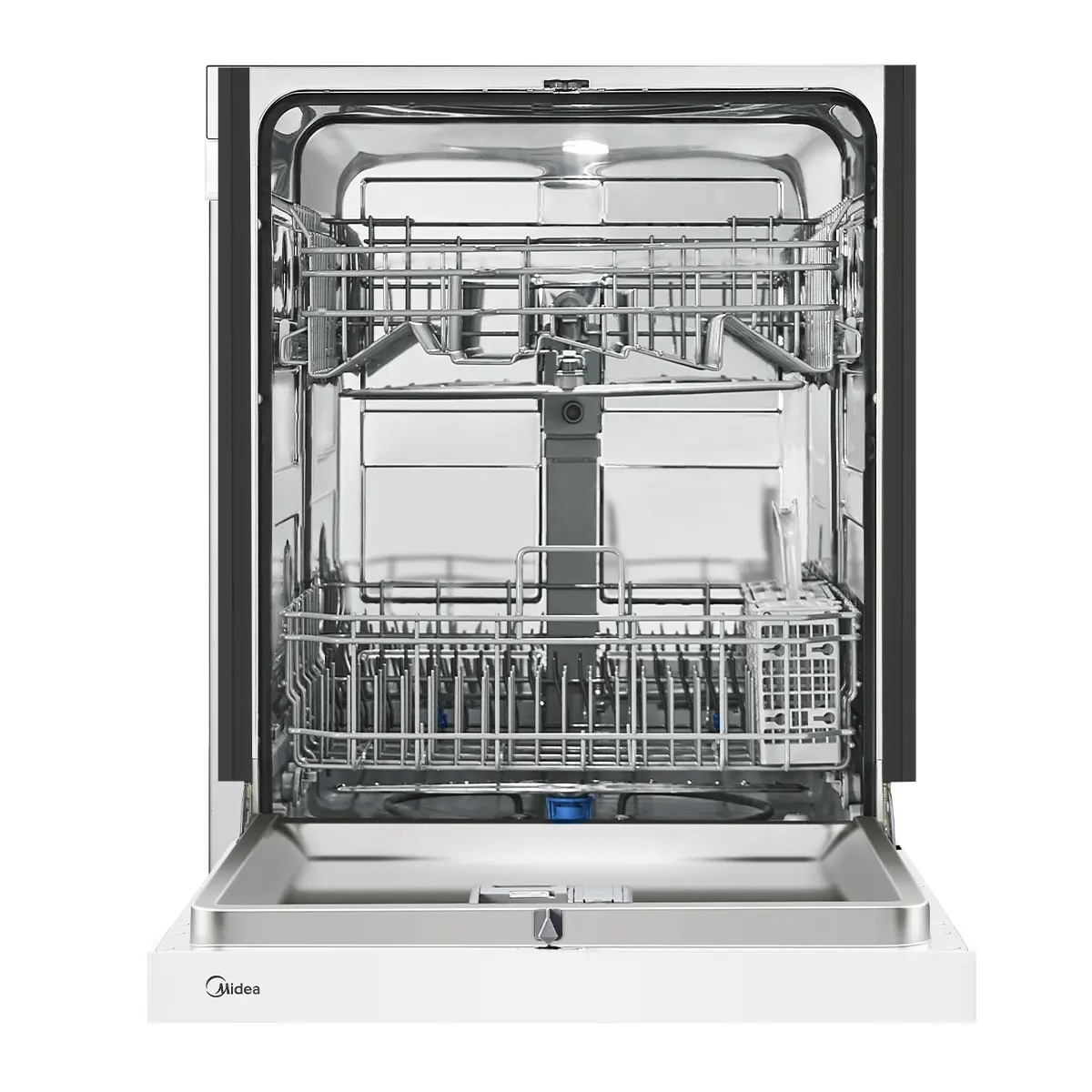 Midea MDF24P1BWW dishwasher door open from the front, showing interior stainless steel tub, upper and lower wire racks, central wash arm, and LED interior light at the top