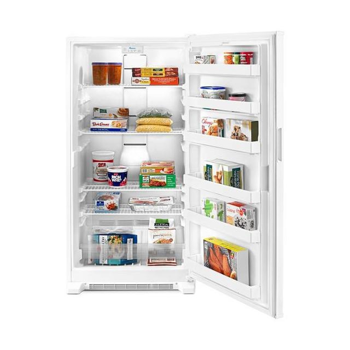Amana AZF33X20DW upright freezer interior fully stocked with frozen foods, showing multiple wire shelves and door storage bins loaded with packaged items