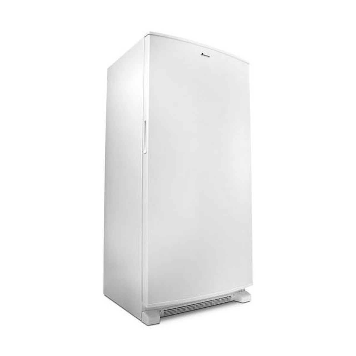 Amana AZF33X20DW upright freezer photographed from a three-quarter angle, showing its white exterior finish and compact upright silhouette