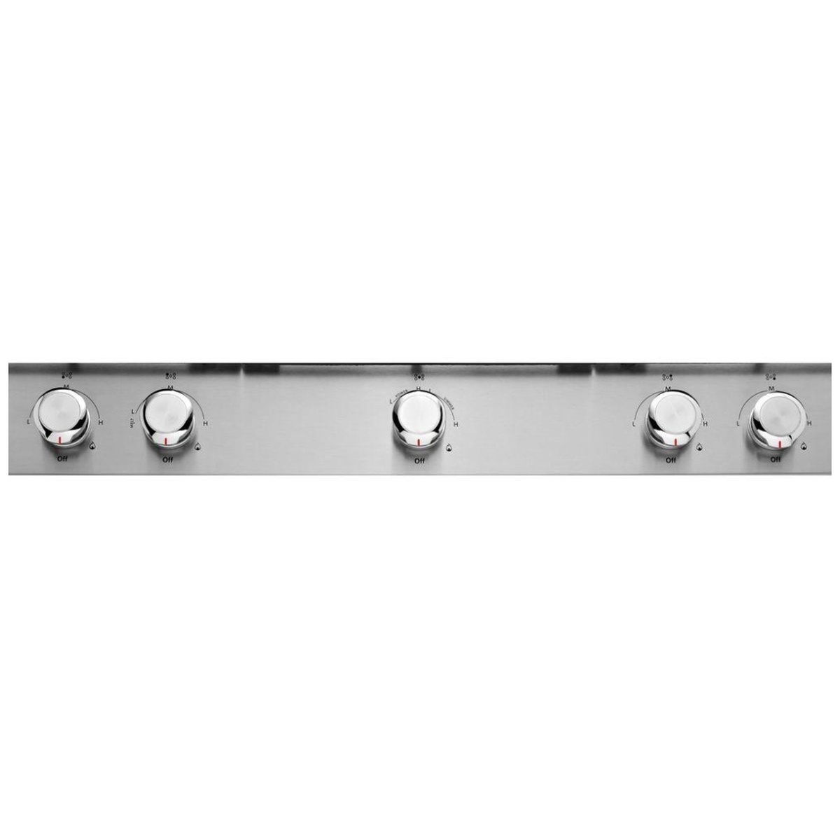 Close-up of the KitchenAid cooktop front control knobs on a stainless steel panel