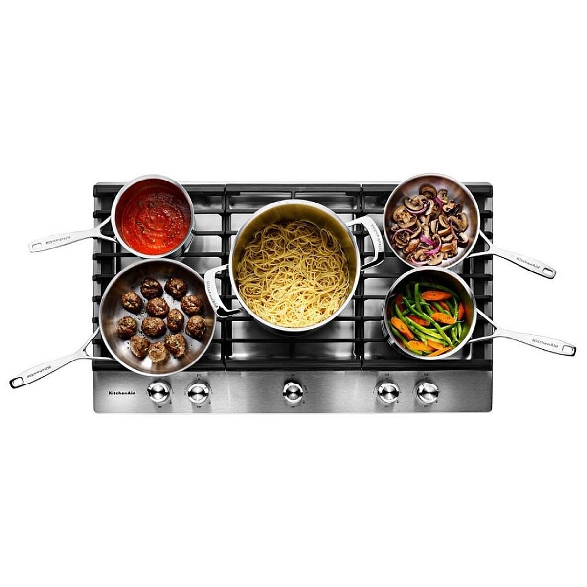 KitchenAid 36 inch gas cooktop with five burners and multiple pots cooking at once
